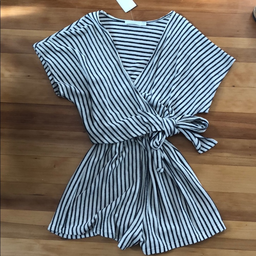 NWT navy and ivory striped wrap romper